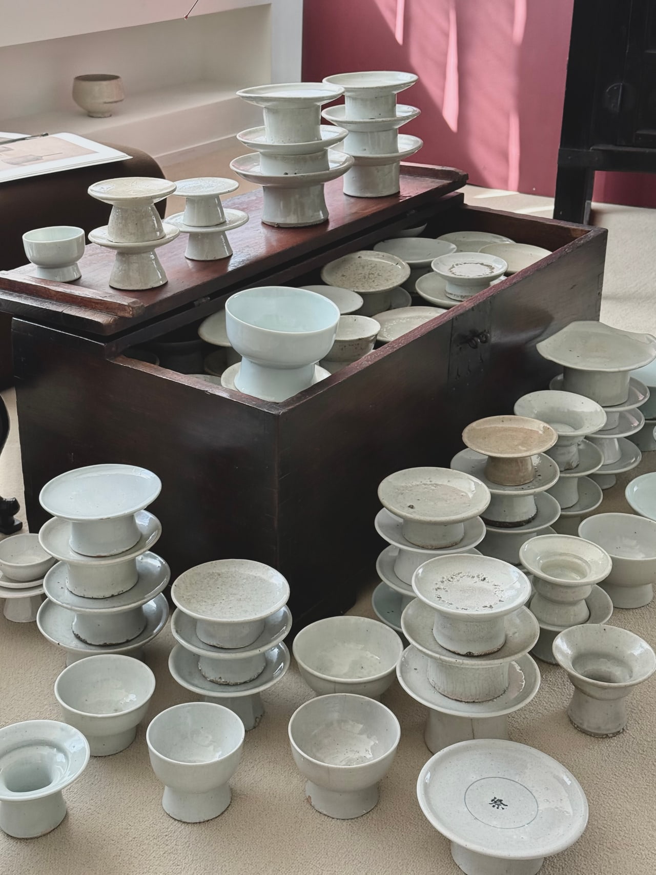 A gathering of Joseon white porcelain footed ritual dishes